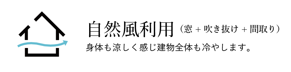 自然風利用（窓 + 吹き抜け + 間取り）身体も涼しく感じ建物全体も冷やします。